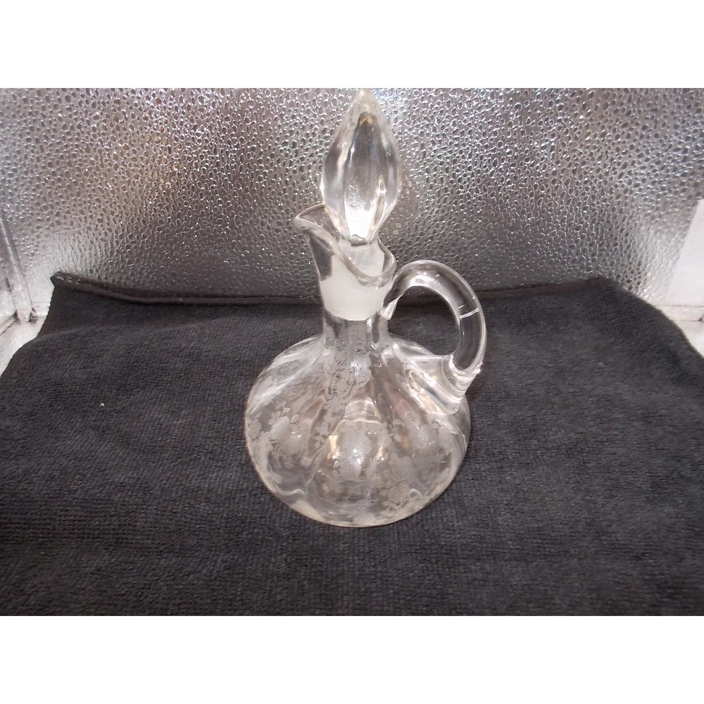 Vintage Etched Glass Cruet with Stopper Floral Vine Pattern Clear Ribbed Bottle